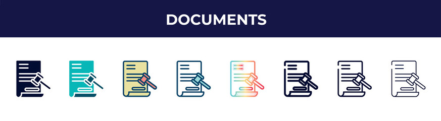 Poster - documents icon in 8 styles. line, filled, glyph, thin outline, colorful, stroke and gradient styles, documents vector sign. symbol, logo illustration. different style icons set.