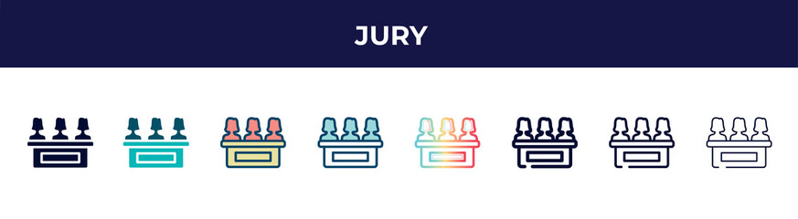 Poster - jury icon in 8 styles. line, filled, glyph, thin outline, colorful, stroke and gradient styles, jury vector sign. symbol, logo illustration. different style icons set.