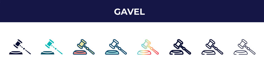 Poster - gavel icon in 8 styles. line, filled, glyph, thin outline, colorful, stroke and gradient styles, gavel vector sign. symbol, logo illustration. different style icons set.