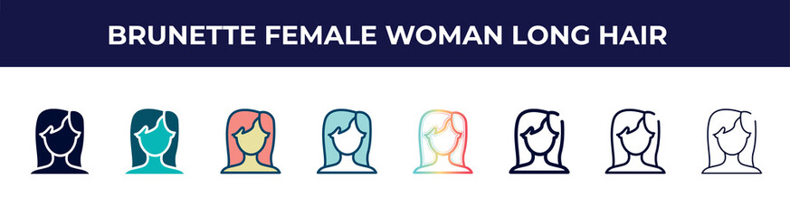 Poster - brunette female woman long hair icon in 8 styles. line, filled, glyph, thin outline, colorful, stroke and gradient styles, brunette female woman long hair vector sign. symbol, logo illustration.
