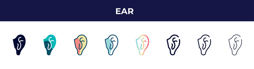 Poster - ear icon in 8 styles. line, filled, glyph, thin outline, colorful, stroke and gradient styles, ear vector sign. symbol, logo illustration. different style icons set.