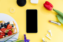 Black Phone Screen On Yellow Background, Women's Holiday, Flat View
