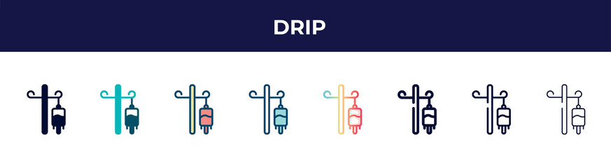 Poster - drip icon in 8 styles. line, filled, glyph, thin outline, colorful, stroke and gradient styles, drip vector sign. symbol, logo illustration. different style icons set.