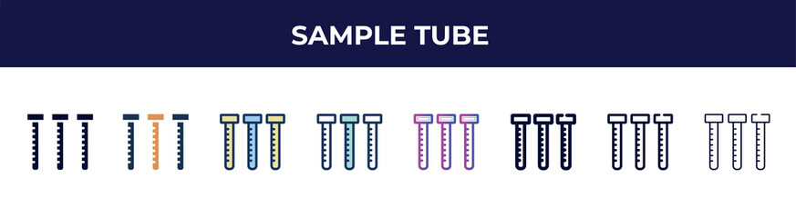Poster - sample tube icon in 8 styles. line, filled, glyph, thin outline, colorful, stroke and gradient styles, sample tube vector sign. symbol, logo illustration. different style icons set.