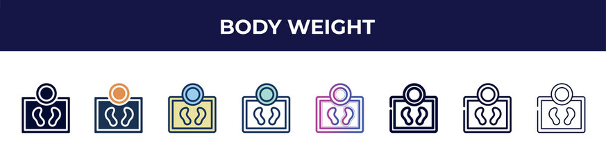 Poster - body weight icon in 8 styles. line, filled, glyph, thin outline, colorful, stroke and gradient styles, body weight vector sign. symbol, logo illustration. different style icons set.