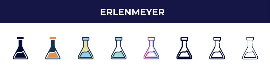 Poster - erlenmeyer icon in 8 styles. line, filled, glyph, thin outline, colorful, stroke and gradient styles, erlenmeyer vector sign. symbol, logo illustration. different style icons set.