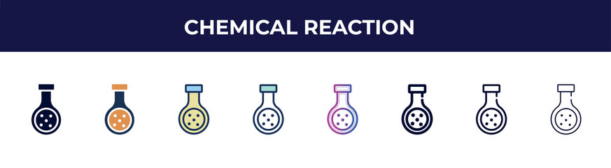 Poster - chemical reaction icon in 8 styles. line, filled, glyph, thin outline, colorful, stroke and gradient styles, chemical reaction vector sign. symbol, logo illustration. different style icons set.