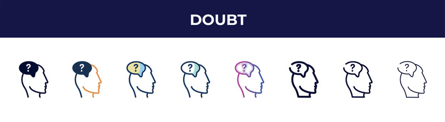 Poster - doubt icon in 8 styles. line, filled, glyph, thin outline, colorful, stroke and gradient styles, doubt vector sign. symbol, logo illustration. different style icons set.