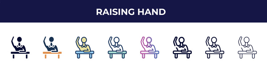 Aufkleber - raising hand icon in 8 styles. line, filled, glyph, thin outline, colorful, stroke and gradient styles, raising hand vector sign. symbol, logo illustration. different style icons set.