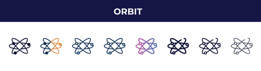 Poster - orbit icon in 8 styles. line, filled, glyph, thin outline, colorful, stroke and gradient styles, orbit vector sign. symbol, logo illustration. different style icons set.
