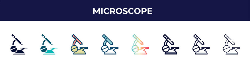 Poster - microscope icon in 8 styles. line, filled, glyph, thin outline, colorful, stroke and gradient styles, microscope vector sign. symbol, logo illustration. different style icons set.