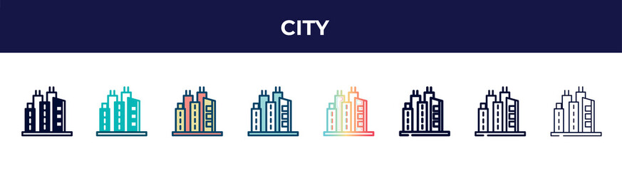 Aufkleber - city icon in 8 styles. line, filled, glyph, thin outline, colorful, stroke and gradient styles, city vector sign. symbol, logo illustration. different style icons set.