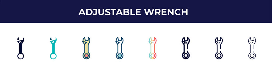 Poster - adjustable wrench icon in 8 styles. line, filled, glyph, thin outline, colorful, stroke and gradient styles, adjustable wrench vector sign. symbol, logo illustration. different style icons set.