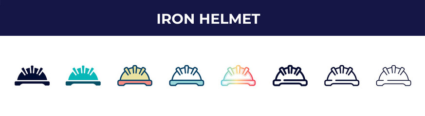 Poster - iron helmet icon in 8 styles. line, filled, glyph, thin outline, colorful, stroke and gradient styles, iron helmet vector sign. symbol, logo illustration. different style icons set.