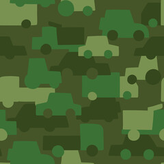 Cars khaki army pattern. Seamless camouflage texture with vehicle in green colors. Perfect fashion print for baby fabrics and clothes