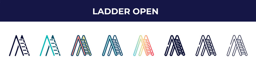 Poster - ladder open icon in 8 styles. line, filled, glyph, thin outline, colorful, stroke and gradient styles, ladder open vector sign. symbol, logo illustration. different style icons set.