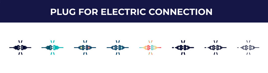 Poster - plug for electric connection icon in 8 styles. line, filled, glyph, thin outline, colorful, stroke and gradient styles, plug for electric connection vector sign. symbol, logo illustration. different