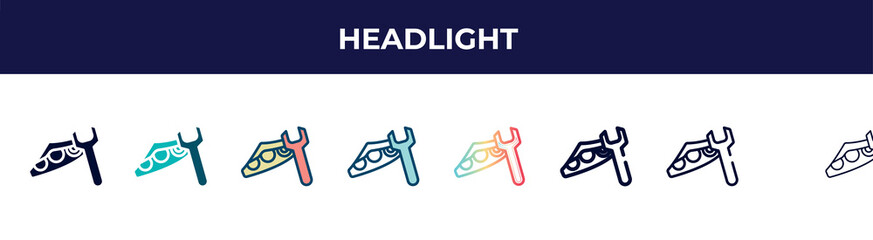 Poster - headlight icon in 8 styles. line, filled, glyph, thin outline, colorful, stroke and gradient styles, headlight vector sign. symbol, logo illustration. different style icons set.
