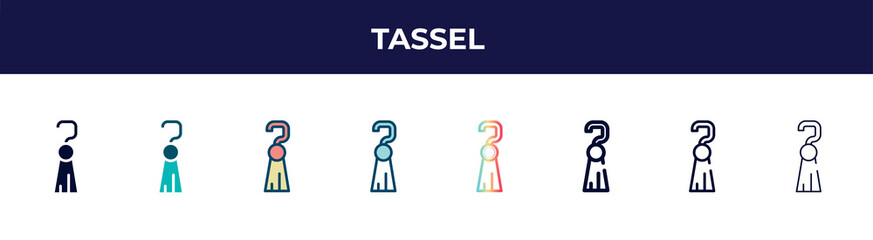 Poster - tassel icon in 8 styles. line, filled, glyph, thin outline, colorful, stroke and gradient styles, tassel vector sign. symbol, logo illustration. different style icons set.