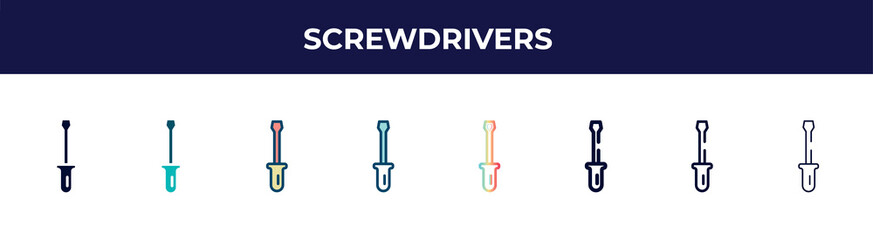 Poster - screwdrivers icon in 8 styles. line, filled, glyph, thin outline, colorful, stroke and gradient styles, screwdrivers vector sign. symbol, logo illustration. different style icons set.