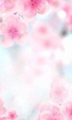 Wall Mural - vertical Japanese Spring Sakura cherry blossoms 240x400 size website fat skyscraper banner background. 3D Illustration Clip-Art floral spring petal design header. copy space in pink, white, blue