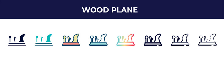 Poster - wood plane icon in 8 styles. line, filled, glyph, thin outline, colorful, stroke and gradient styles, wood plane vector sign. symbol, logo illustration. different style icons set.