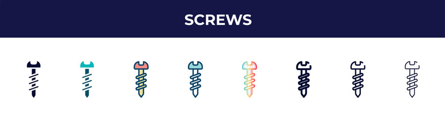 Poster - screws icon in 8 styles. line, filled, glyph, thin outline, colorful, stroke and gradient styles, screws vector sign. symbol, logo illustration. different style icons set.