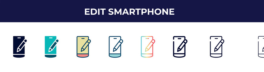 Poster - edit smartphone icon in 8 styles. line, filled, glyph, thin outline, colorful, stroke and gradient styles, edit smartphone vector sign. symbol, logo illustration. different style icons set.