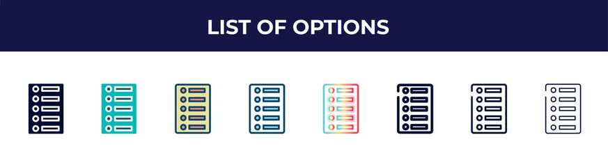 Poster - list of options icon in 8 styles. line, filled, glyph, thin outline, colorful, stroke and gradient s