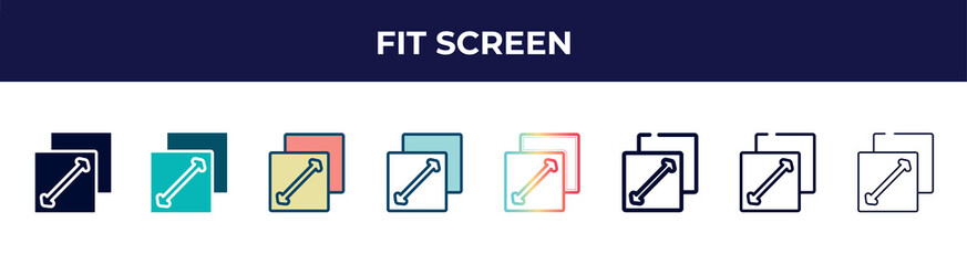 Poster - fit screen icon in 8 styles. line, filled, glyph, thin outline, colorful, stroke and gradient styles, fit screen vector sign. symbol, logo illustration. different style icons set.