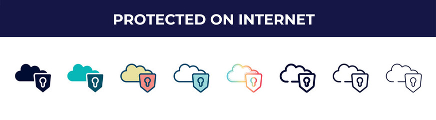 Poster - protected on internet icon in 8 styles. line, filled, glyph, thin outline, colorful, stroke and gradient styles, protected on internet vector sign. symbol, logo illustration. different style icons