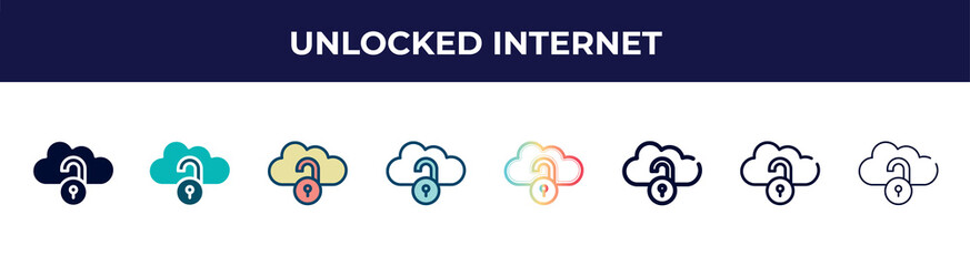Poster - unlocked internet icon in 8 styles. line, filled, glyph, thin outline, colorful, stroke and gradient styles, unlocked internet vector sign. symbol, logo illustration. different style icons set.