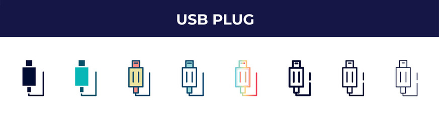 Poster - usb plug icon in 8 styles. line, filled, glyph, thin outline, colorful, stroke and gradient styles, usb plug vector sign. symbol, logo illustration. different style icons set.