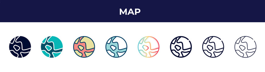 Poster - map icon in 8 styles. line, filled, glyph, thin outline, colorful, stroke and gradient styles, map vector sign. symbol, logo illustration. different style icons set.