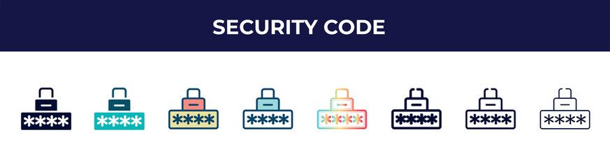 Poster - security code icon in 8 styles. line, filled, glyph, thin outline, colorful, stroke and gradient styles, security code vector sign. symbol, logo illustration. different style icons set.