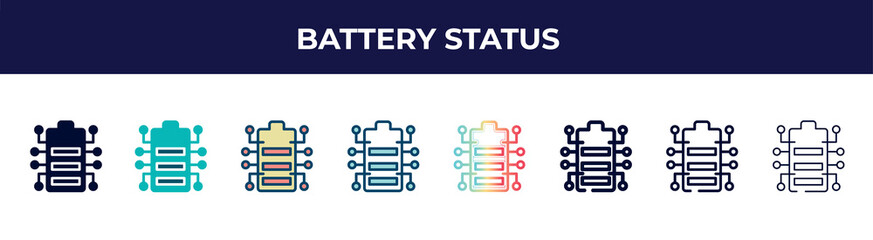Poster - battery status icon in 8 styles. line, filled, glyph, thin outline, colorful, stroke and gradient styles, battery status vector sign. symbol, logo illustration. different style icons set.