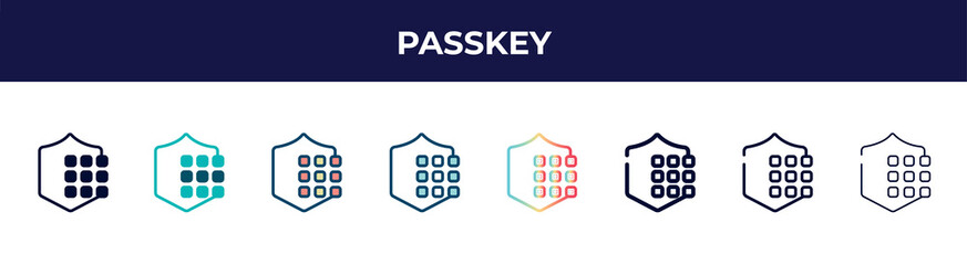 Poster - passkey icon in 8 styles. line, filled, glyph, thin outline, colorful, stroke and gradient styles, passkey vector sign. symbol, logo illustration. different style icons set.