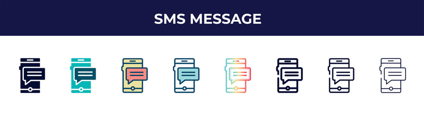 Poster - sms message icon in 8 styles. line, filled, glyph, thin outline, colorful, stroke and gradient styles, sms message vector sign. symbol, logo illustration. different style icons set.