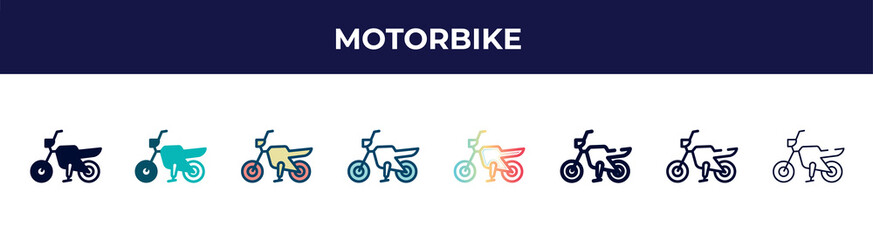 Poster - motorbike icon in 8 styles. line, filled, glyph, thin outline, colorful, stroke and gradient styles,