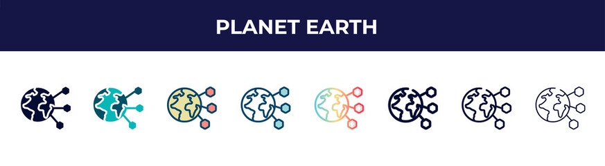 Poster - planet earth icon in 8 styles. line, filled, glyph, thin outline, colorful, stroke and gradient styles, planet earth vector sign. symbol, logo illustration. different style icons set.