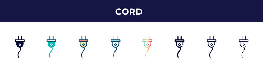 Poster - cord icon in 8 styles. line, filled, glyph, thin outline, colorful, stroke and gradient styles, cord vector sign. symbol, logo illustration. different style icons set.