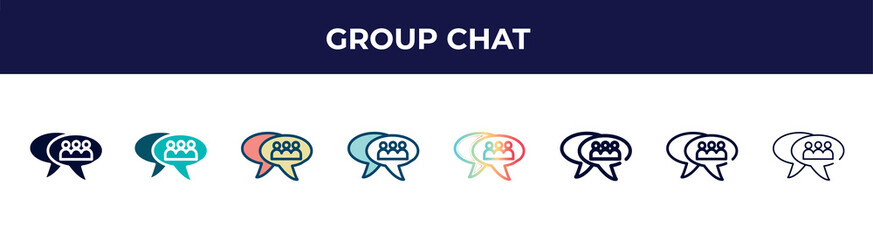 Poster - group chat icon in 8 styles. line, filled, glyph, thin outline, colorful, stroke and gradient styles, group chat vector sign. symbol, logo illustration. different style icons set.