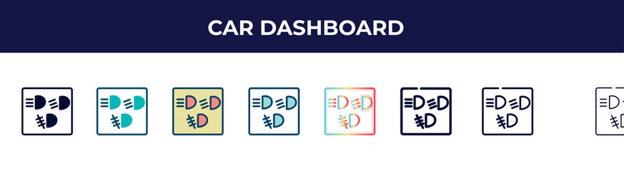 Poster - car dashboard icon in 8 styles. line, filled, glyph, thin outline, colorful, stroke and gradient styles, car dashboard vector sign. symbol, logo illustration. different style icons set.