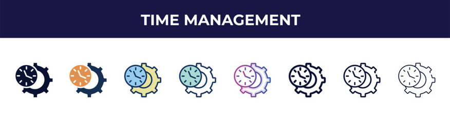 Poster - time management icon in 8 styles. line, filled, glyph, thin outline, colorful, stroke and gradient styles, time management vector sign. symbol, logo illustration. different style icons set.