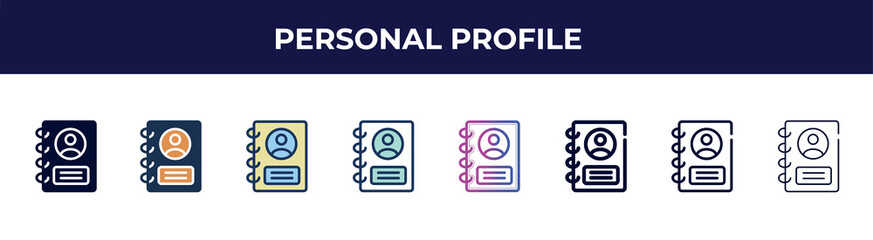 Poster - personal profile icon in 8 styles. line, filled, glyph, thin outline, colorful, stroke and gradient styles, personal profile vector sign. symbol, logo illustration. different style icons set.
