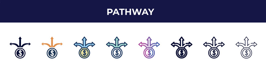 Poster - pathway icon in 8 styles. line, filled, glyph, thin outline, colorful, stroke and gradient styles, pathway vector sign. symbol, logo illustration. different style icons set.