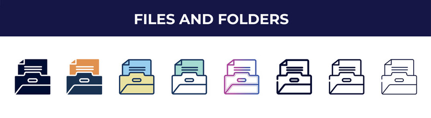 Poster - files and folders icon in 8 styles. line, filled, glyph, thin outline, colorful, stroke and gradient styles, files and folders vector sign. symbol, logo illustration. different style icons set.