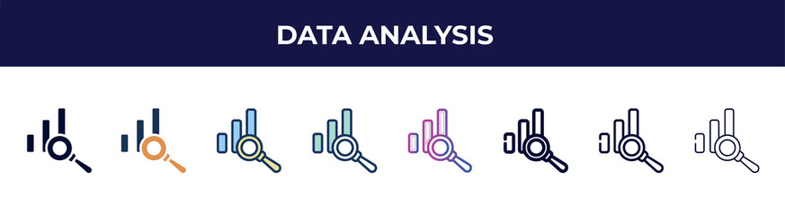 Poster - data analysis icon in 8 styles. line, filled, glyph, thin outline, colorful, stroke and gradient styles, data analysis vector sign. symbol, logo illustration. different style icons set.