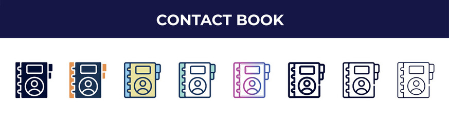 Aufkleber - contact book icon in 8 styles. line, filled, glyph, thin outline, colorful, stroke and gradient styles, contact book vector sign. symbol, logo illustration. different style icons set.