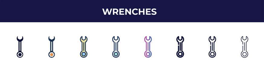 Poster - wrenches icon in 8 styles. line, filled, glyph, thin outline, colorful, stroke and gradient styles, wrenches vector sign. symbol, logo illustration. different style icons set.